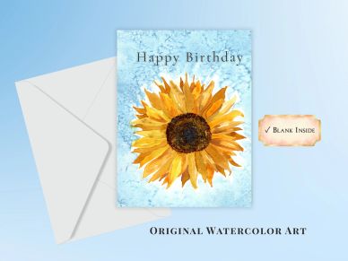 Watercolor sunflower birthday card with envelope.