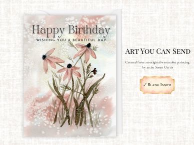 Watercolor birthday card with pink flowers and elegant text.