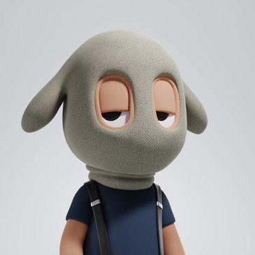 3D character with sleepy eyes wearing a grey mask and suspenders.