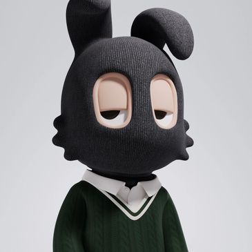 A character wearing a black bunny mask and green sweater looks sleepy or bored.