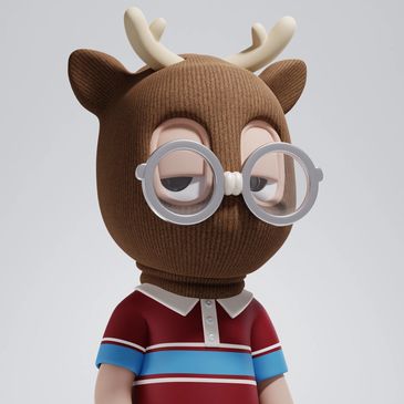 Character wearing a deer mask with glasses and a striped polo shirt.