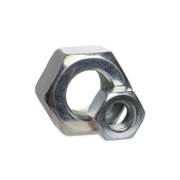 Two metal hex nuts of different sizes placed together.