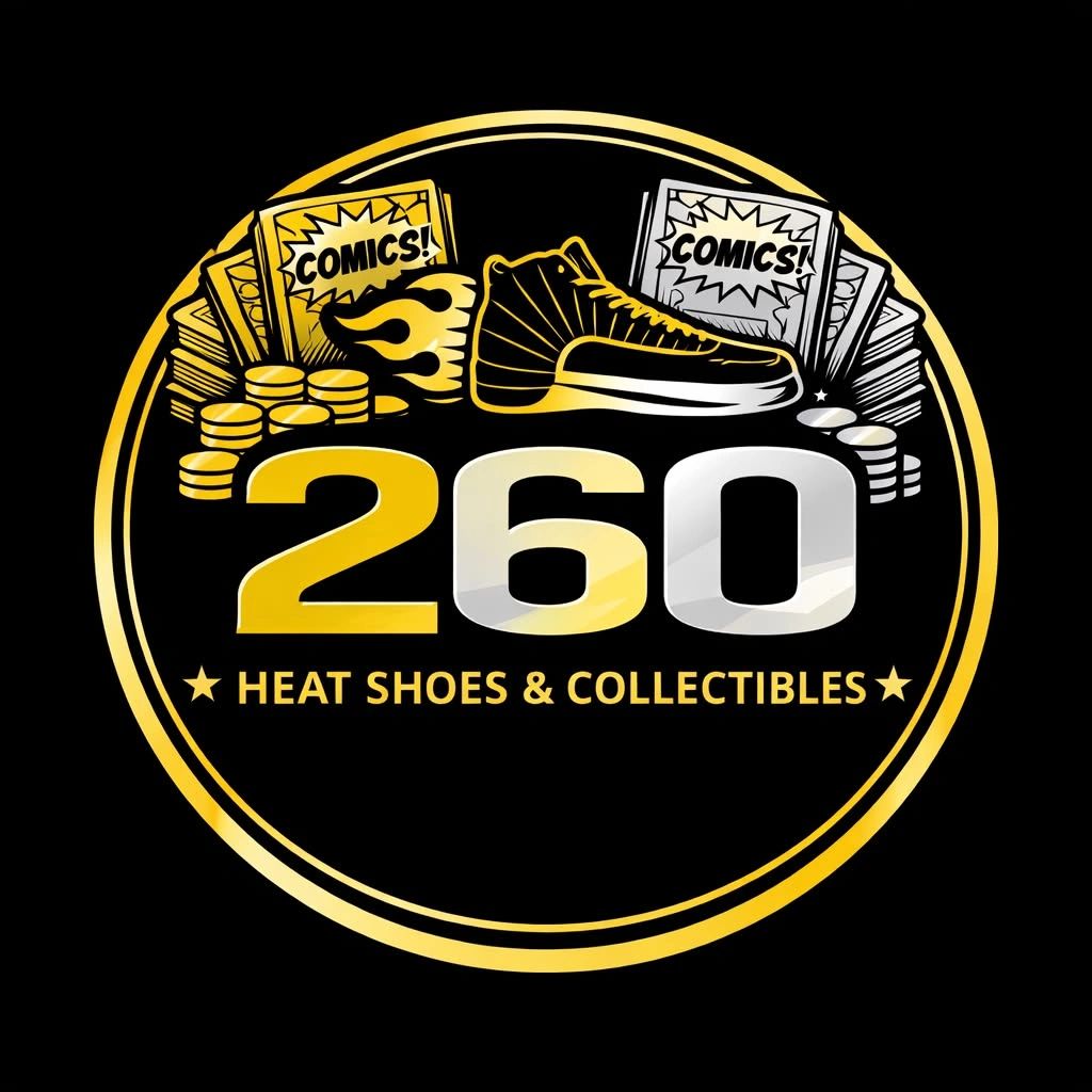 Logo featuring a sneaker, comics, and coins with '260 Heat Shoes &amp; Collectibles'.