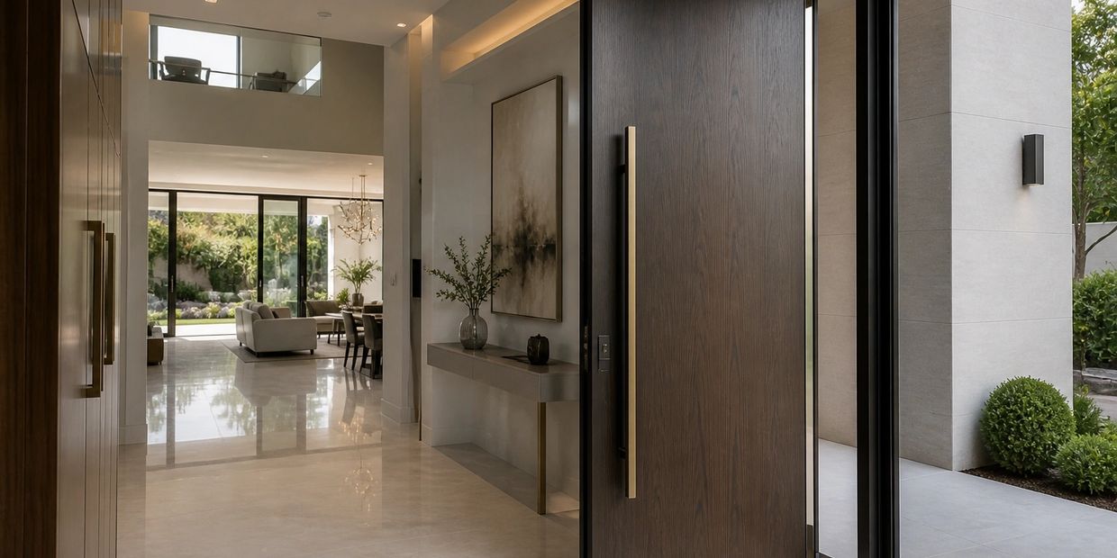 Modern entryway with large wooden door and open view to living room and garden.