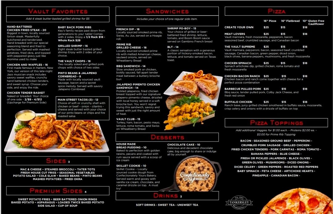 A detailed menu featuring vault favorites, sandwiches, pizzas, sides, desserts, and drinks.