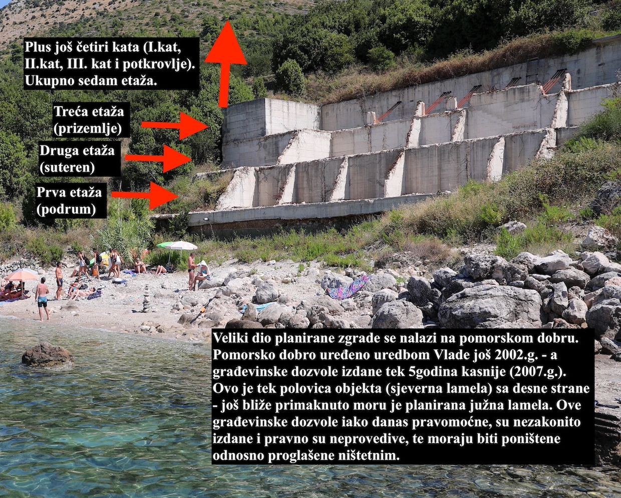 Cavtat, Konavle, zgrada na pomorskom dobru. Građevinske dozvole nezakonito izdate.