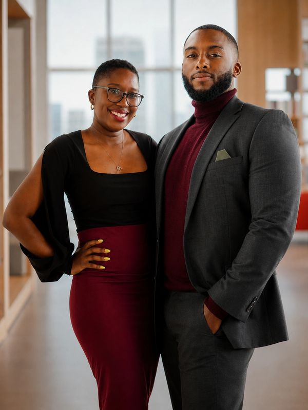 A well-dressed couple posing indoors.