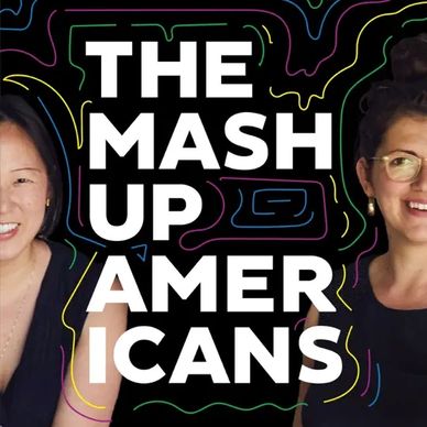 Logo of The Mash Up Americans podcast with two hosts.