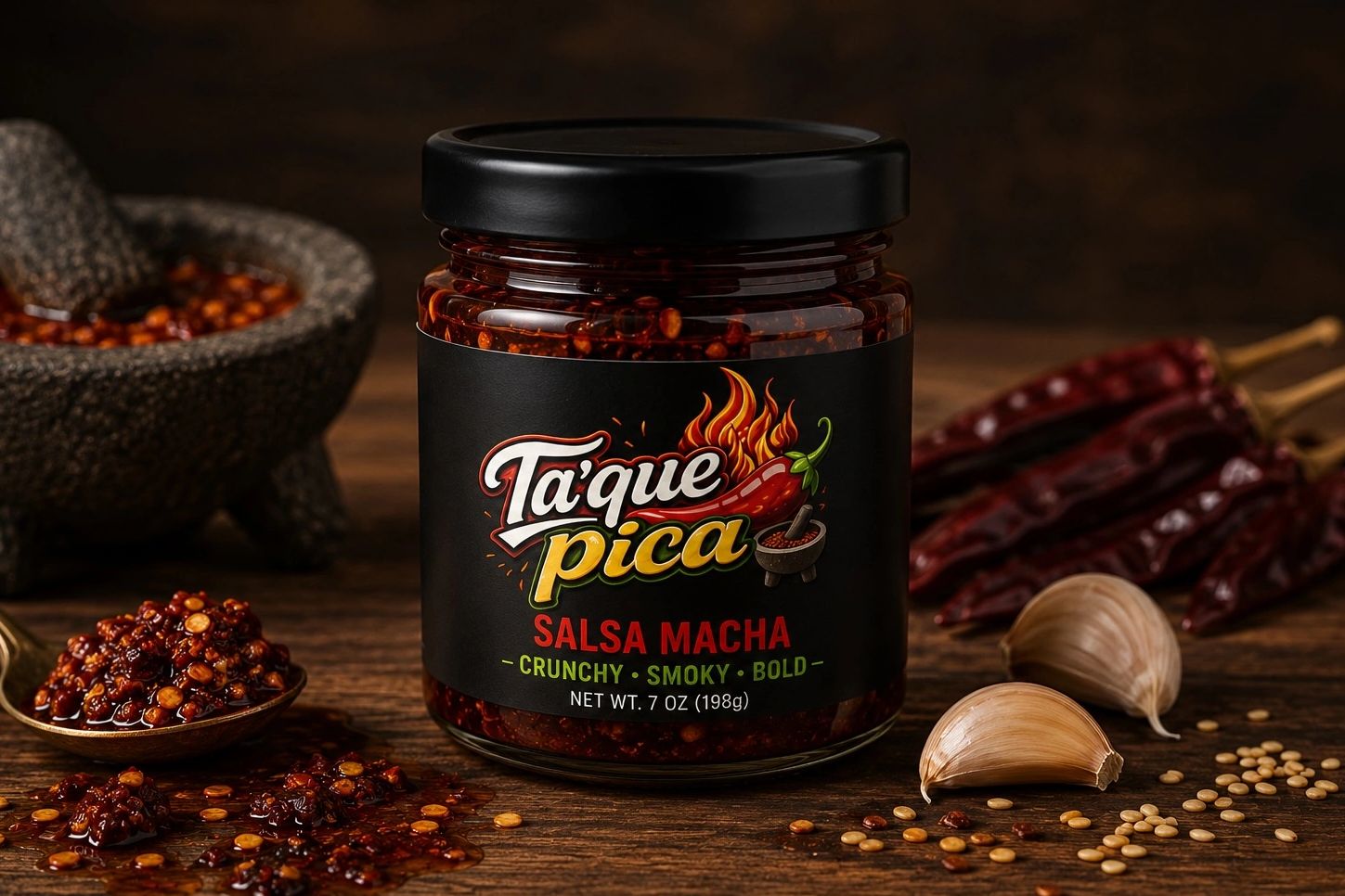 Jar of Ta'que Pica Salsa Macha with chili flakes, garlic, and dried chilies.