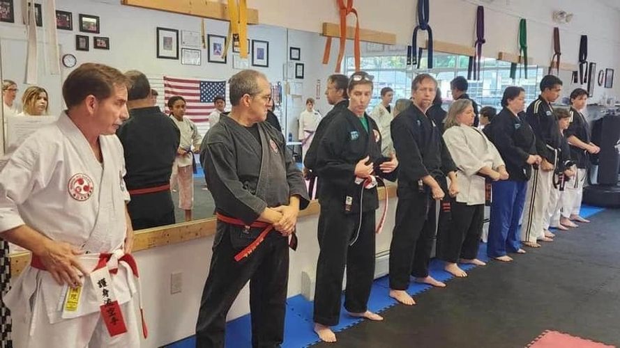 Martial arts practitioners lined up in a dojo, wearing different colored belts and uniforms.