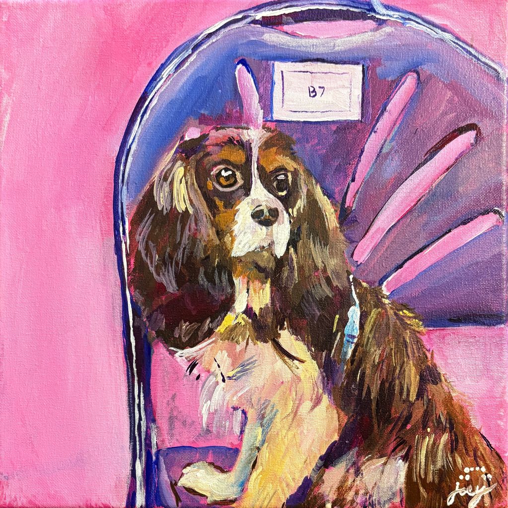 "B7 (Muffin's seat) " painting of dog 
