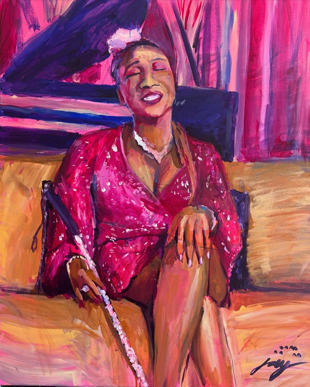 Painting of woman wearing pink outfit holding a glittery cane 