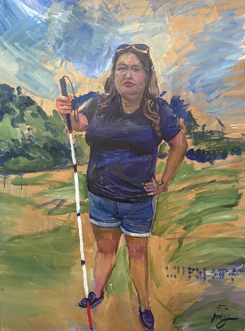"Do I Make You Uncomfortable" Painting of woman holding cane in front of expressionist background
