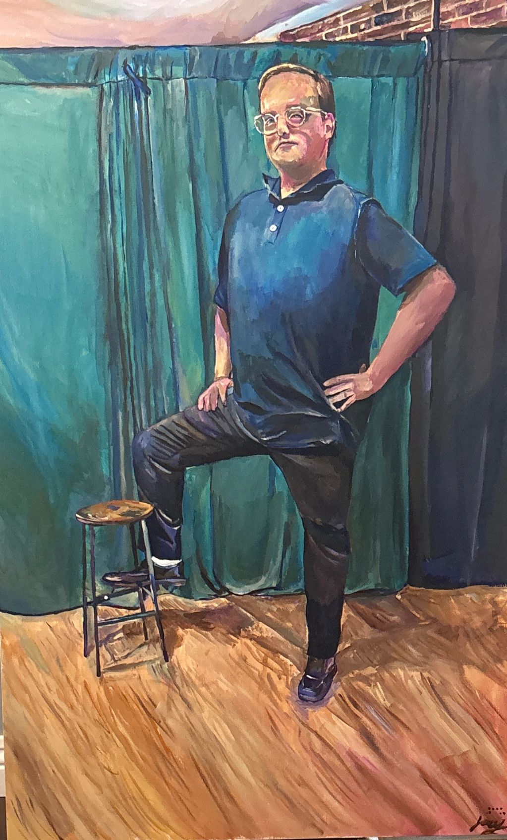 "Ego" painting of man standing in front of curtain