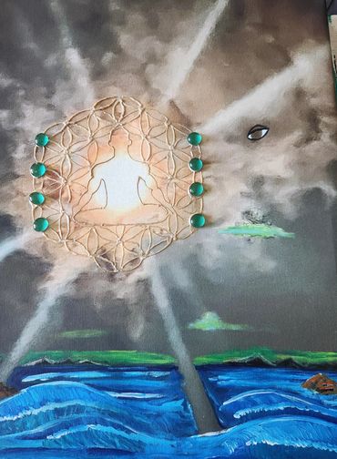 Spiritual artwork depicting a meditating figure within a geometric design, with clouds