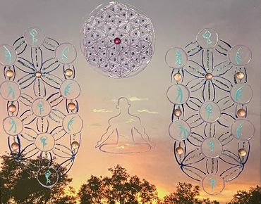 Sacred geometry artwork featuring meditation and cloudy sky elements