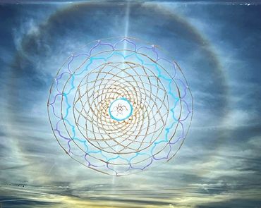Meditating figure in geometric mandala design surrounded by spiritual clouds