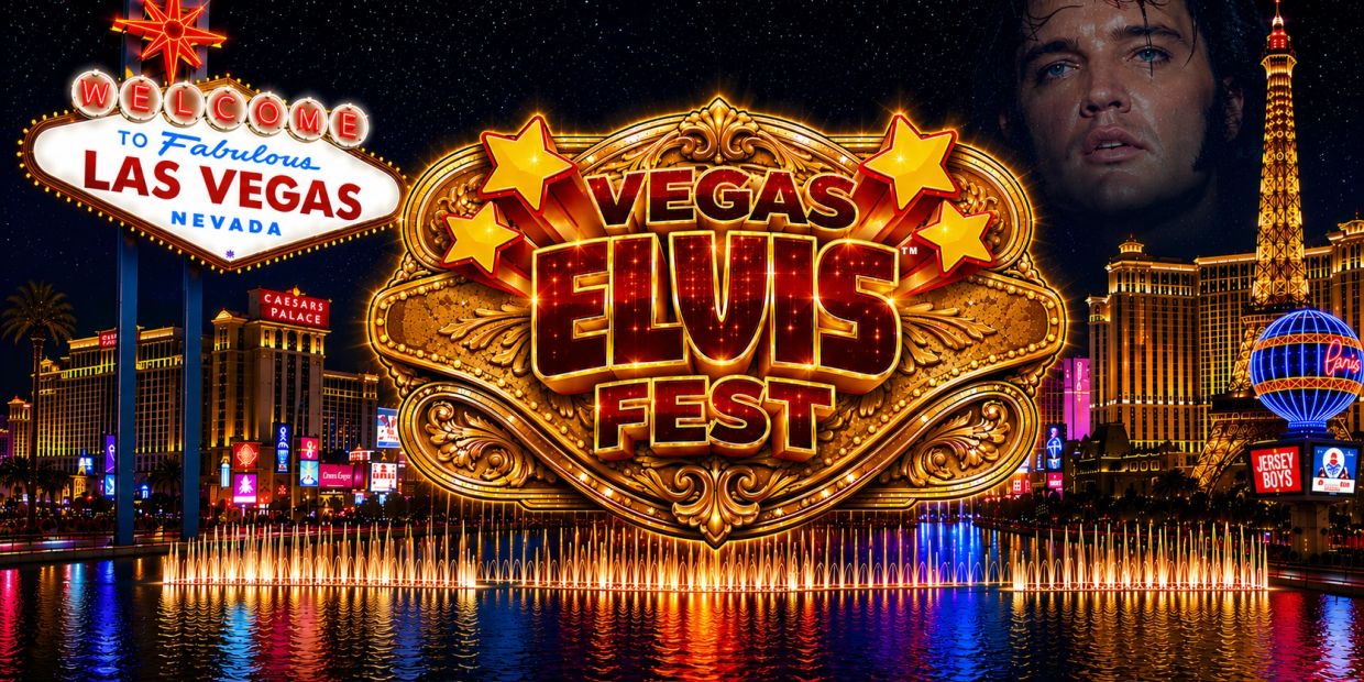 Vegas Elvis Fest neon sign with Las Vegas skyline and Elvis image.