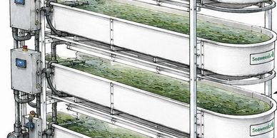 Rendered image of a vertical seaweed farming set-up