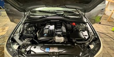 Open hood showing a BMW engine in a car.