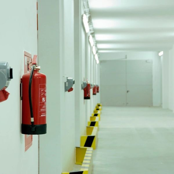Fire Extinguishers with Inspection tags in a Hallway