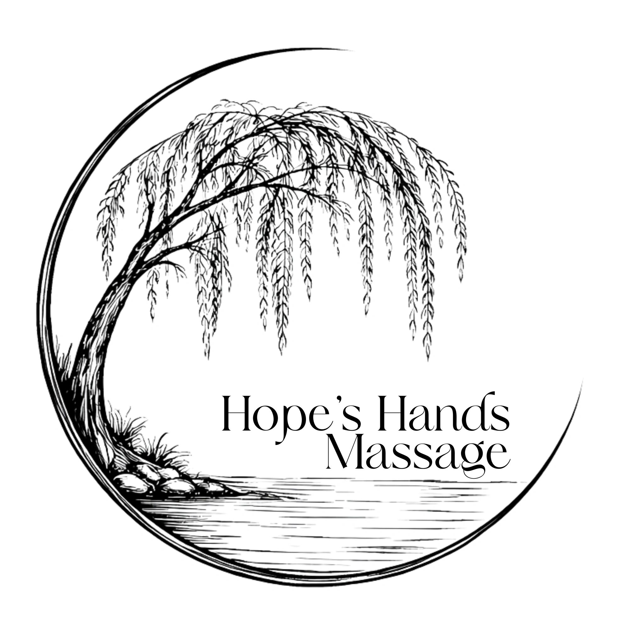 Logo of Hope's Hands Massage with a willow tree and water inside a circular frame.