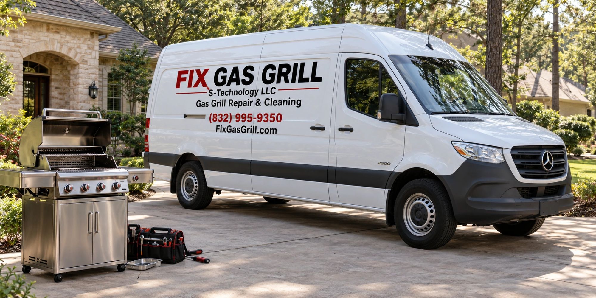 Service van and gas grill repair tools on driveway.