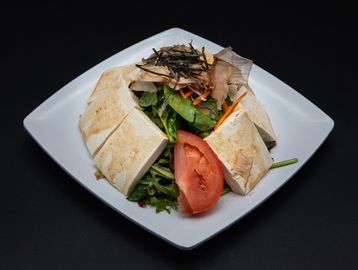 tofu salad - Spring mix, tofu, bonito flakes, tomato, sesame dressing