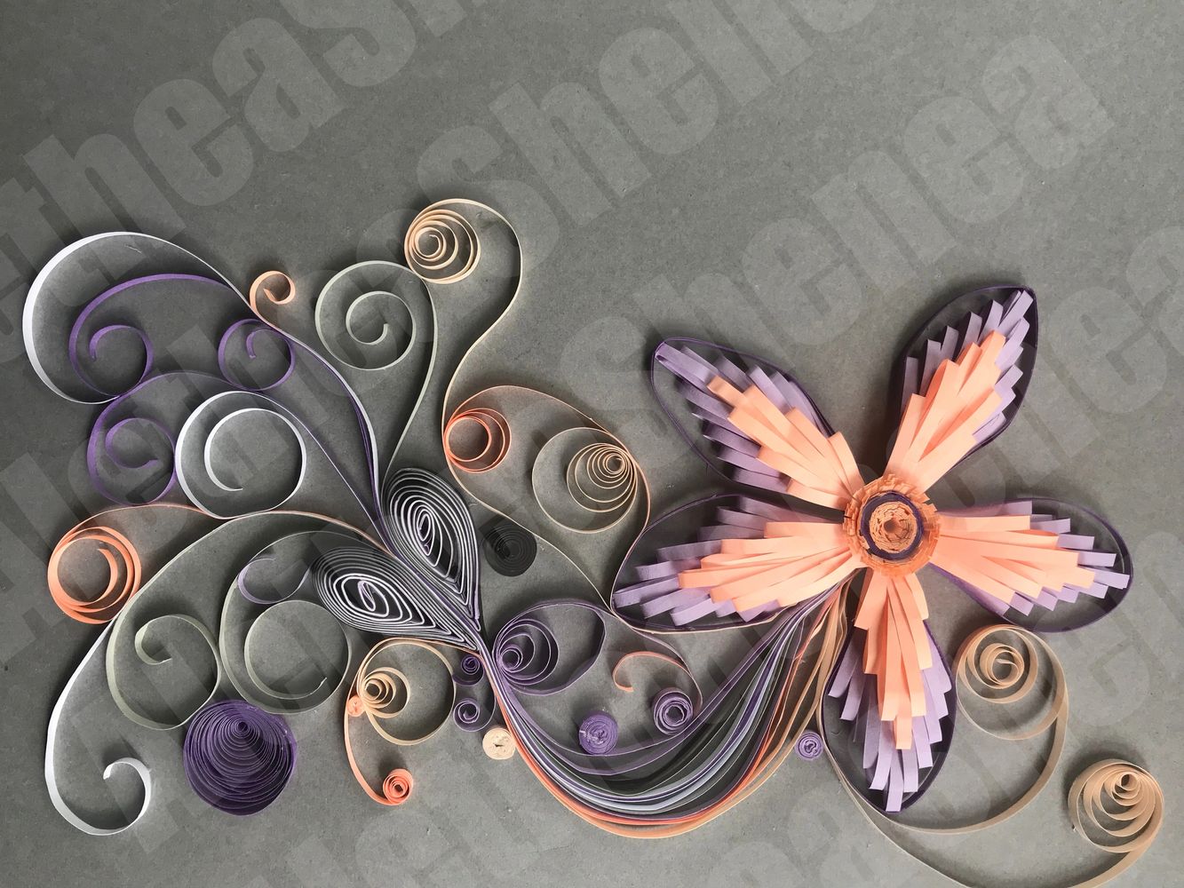 Purple and Salmon Quilling on Grey background