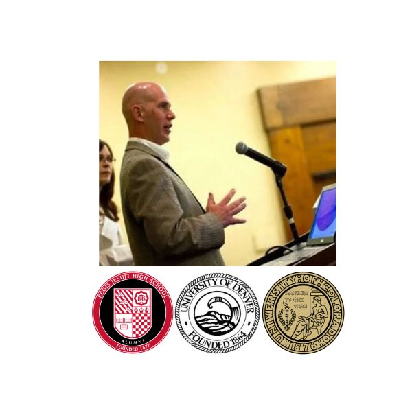 Man speaking at a podium with university logos.