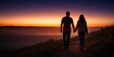Couple walking hand in hand on a path at sunset (unity, restoration, love) - "It's the Path Forward"