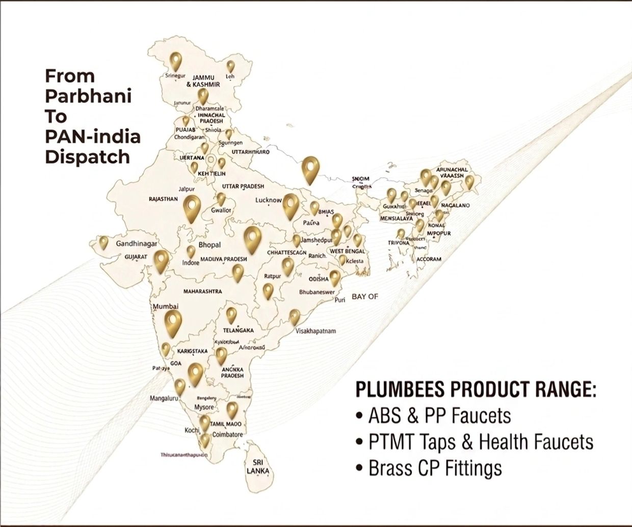 Map showing Plumbees' distribution across India with product range details.