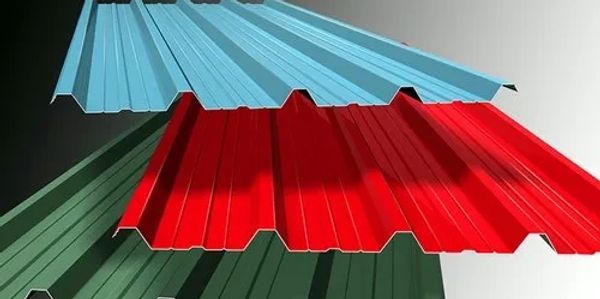 Colored corrugated metal sheets in blue, red, and green.