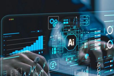 Hands using a laptop with AI data analytics holographic interface.