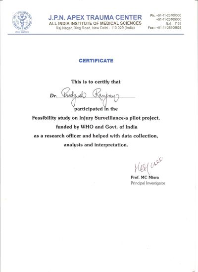 RESEARCH PARTICIPATION OF DR PRATYUSH RANJAN