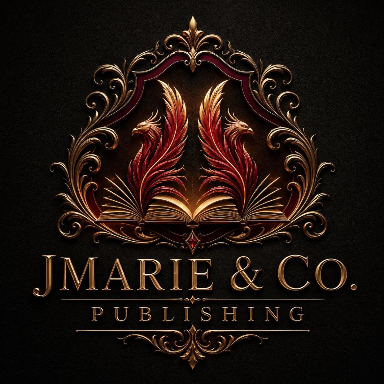 Elegant logo for JMarie &amp; Co. Publishing with phoenix and book design.