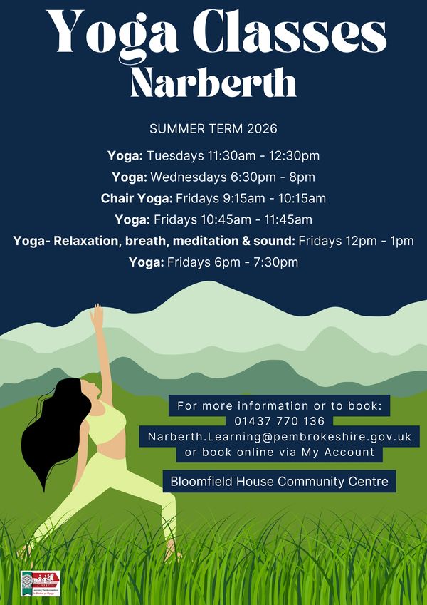 Yoga classes schedule for Narberth summer term 2026 with various sessions.