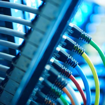 Colorful network cables connected to a server rack.