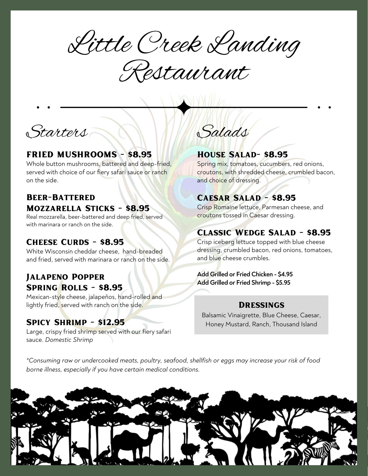 Menu from Little Creek Landing Restaurant featuring starters and salads with prices.