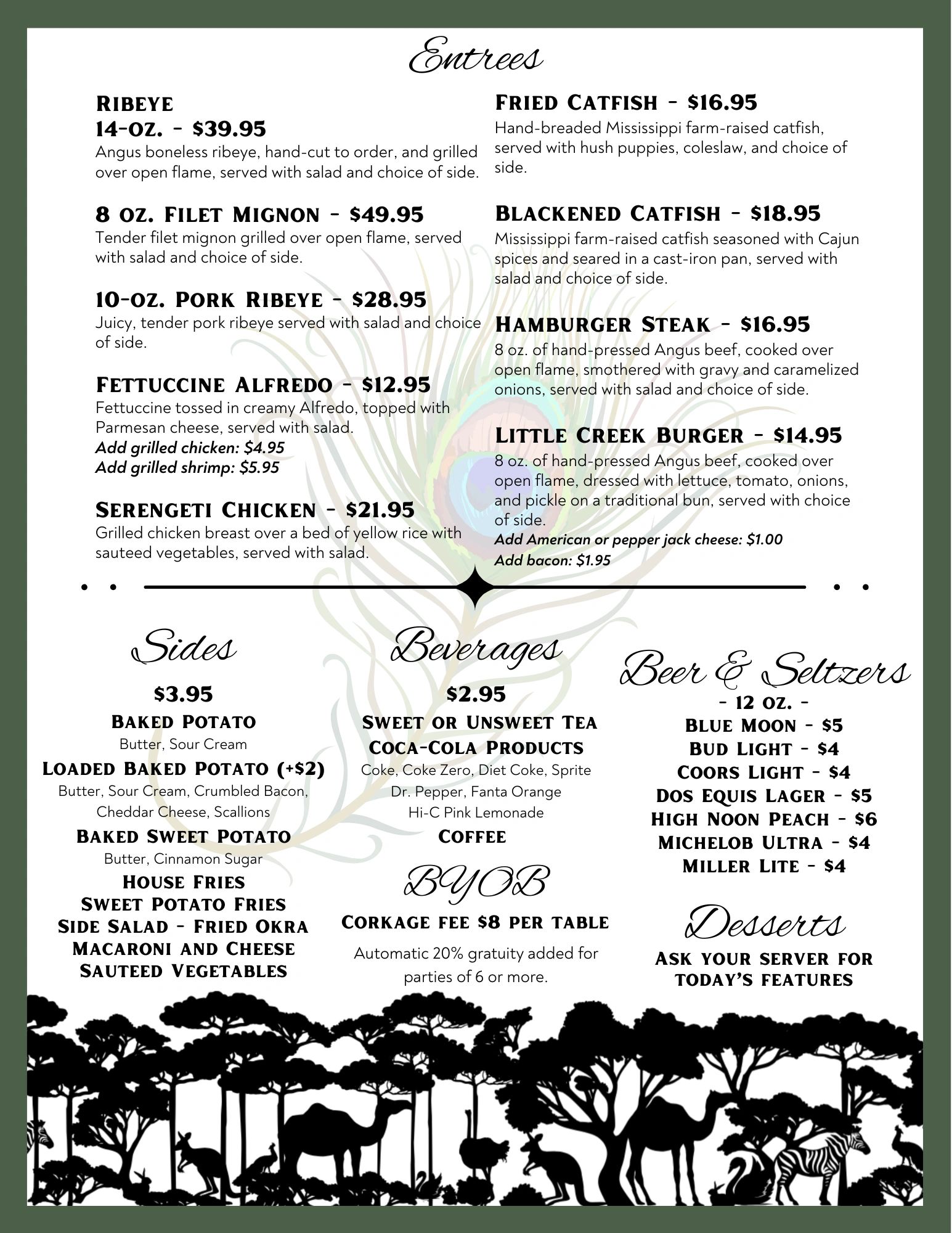 Restaurant menu featuring entrees, sides, beverages, beer, seltzers, and desserts with African wildlife silhouette.