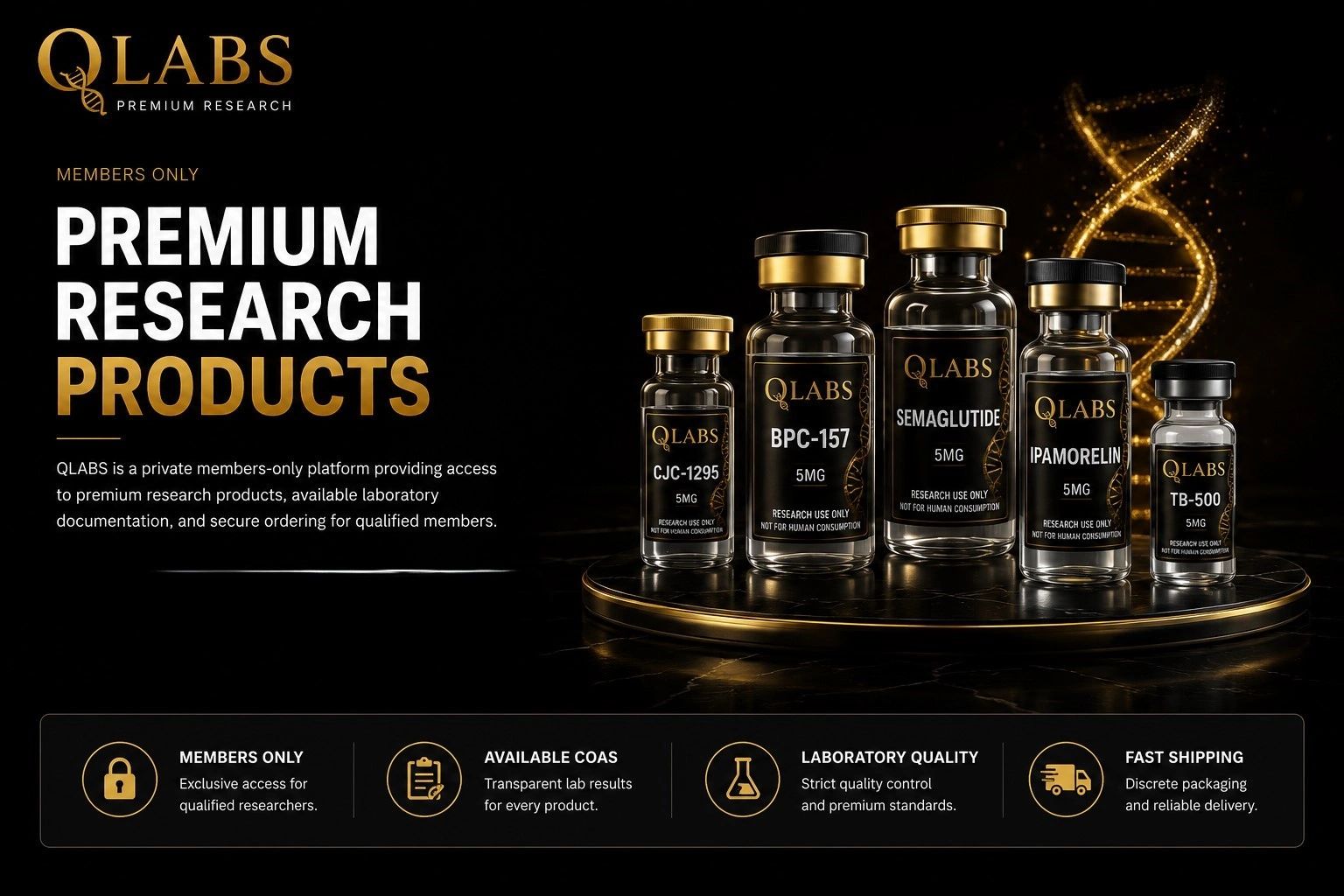 QLABS premium research products display popular peptide vials with black labels and golden accents.
