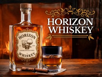 Bottle and glass of Horizon Whiskey on a wooden surface.