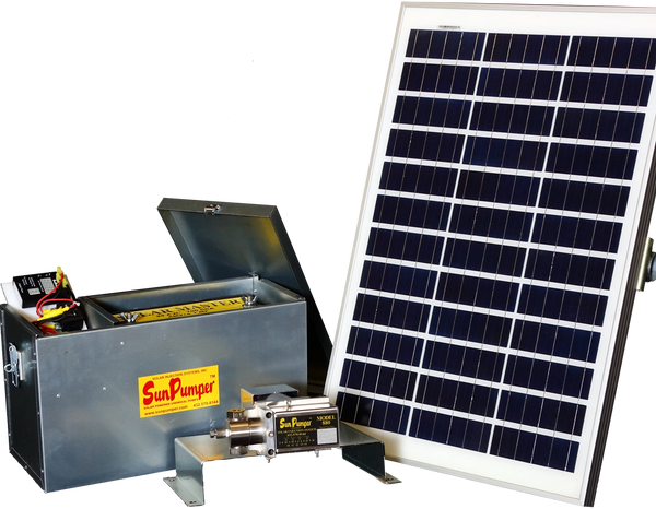Solar Injection Systems SunPumper system showing pump, solar panel, and system box.