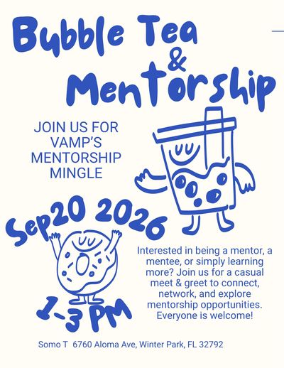 Flyer for a bubble tea and mentorship mingle event on Sep 20, 2026.