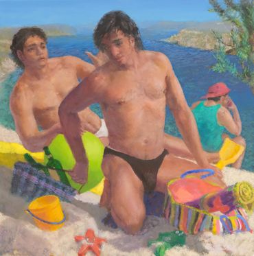 Young men in a beach scene with beach ball, bucket and spade, sand castle, moulds and  empty bottles