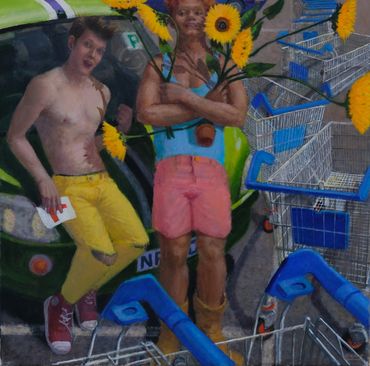 Fake sunflowers, two young men, shopping trolleys, car, carpark, L-plates