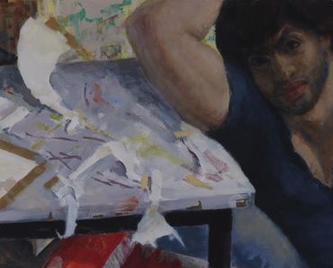 An oil painting of a n art school cleaner pausing in his work.