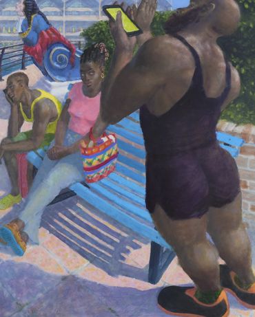  An oil painting of a  young man using his mobile phone to find directions in Portsmouth.