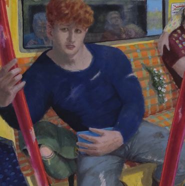 Oil painting of a young man on an Underground train, holding the viewers gaze.