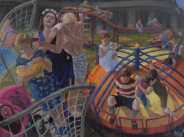 An oil painting of children and adults in a playground.